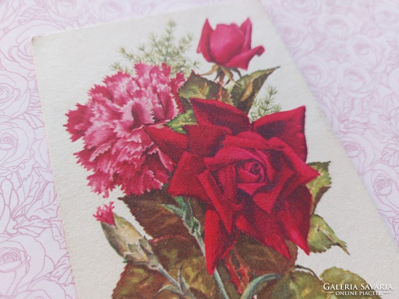Old floral postcard 1963 postcard with rose carnations