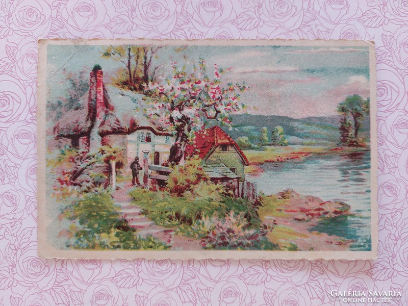 Old postcard 1941 art postcard landscape lake shore
