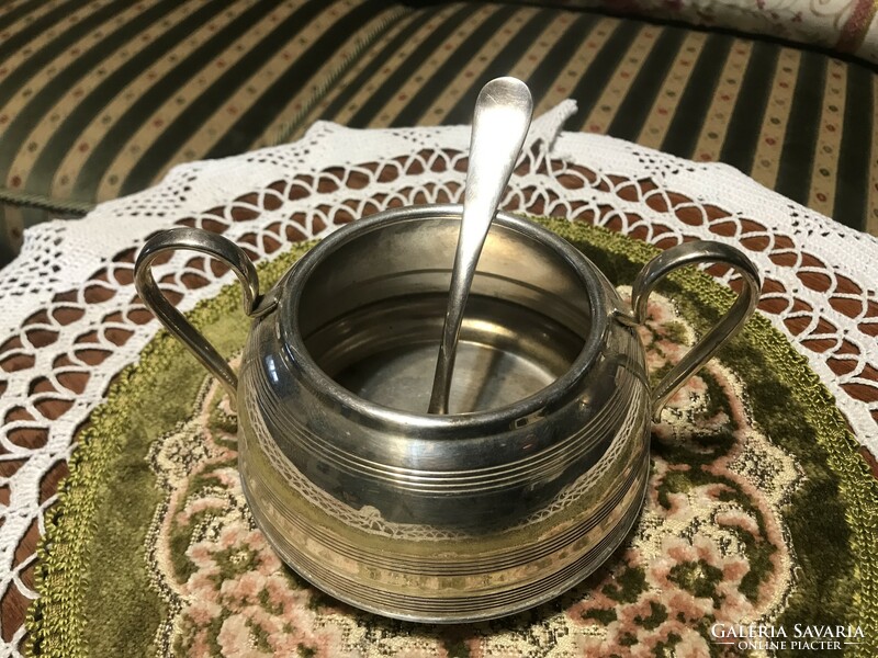 Beautiful, marked, antique, large, silver-plated sugar bowl, with pierced sugar spoon