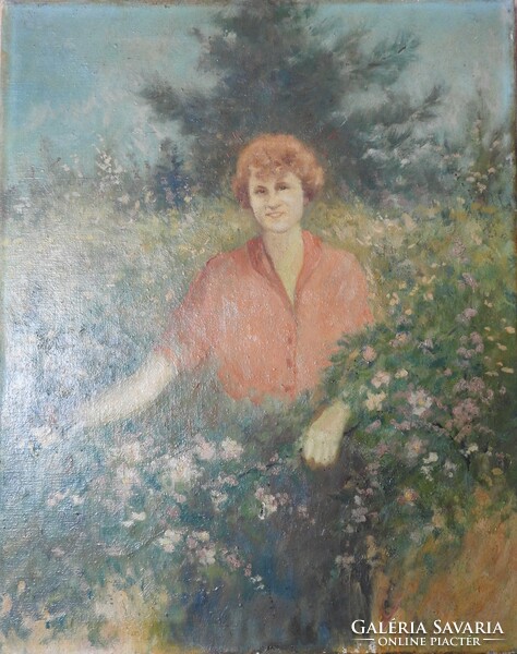 Woman among flowers - oil / canvas painting