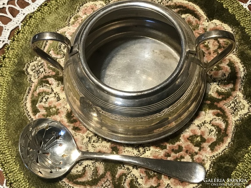 Beautiful, marked, antique, large, silver-plated sugar bowl, with pierced sugar spoon