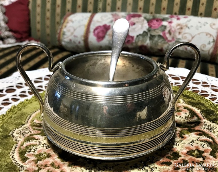 Beautiful, marked, antique, large, silver-plated sugar bowl, with pierced sugar spoon