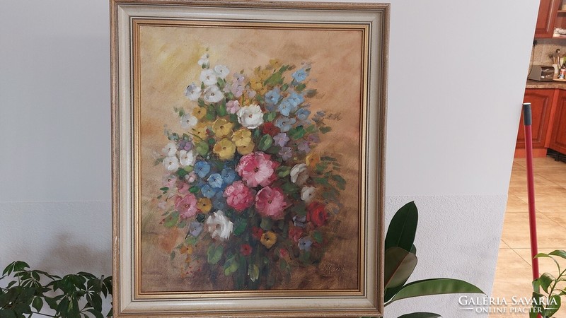 (K) J René (Biegler) virágcsendélet festmény 61x70 cm kerettel