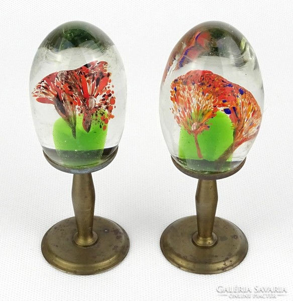 1L990 old blown glass floral ornaments on copper bases in a pair
