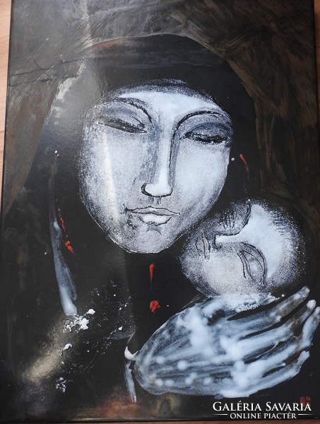 Motherhood fire enamel picture - marked Turi endre