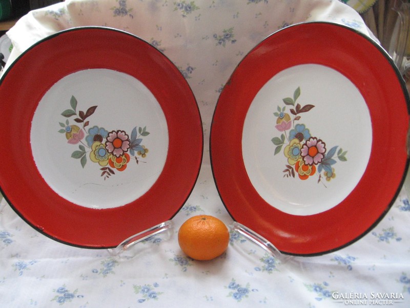2 retro Russian, Soviet painted enameled metal wall plates in one