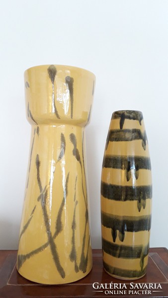 Retro ceramic vase with yellow green stripes 2 pcs