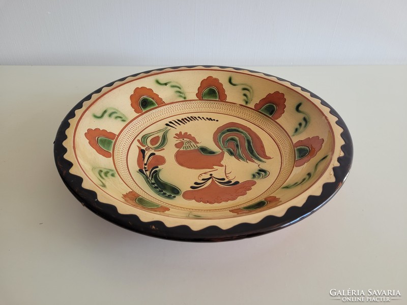 Old large 32 cm glazed folk motif rooster wall plate with rooster pattern wall bowl, wall decoration