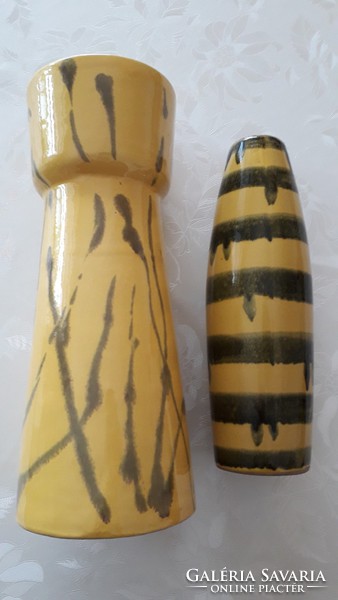 Retro ceramic vase with yellow green stripes 2 pcs