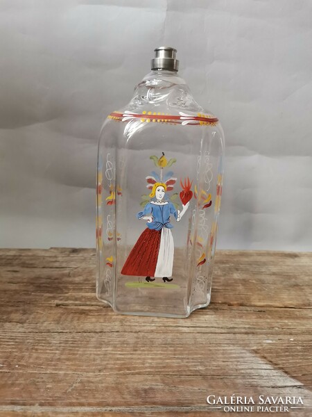 Enamel-painted folk glass bottle