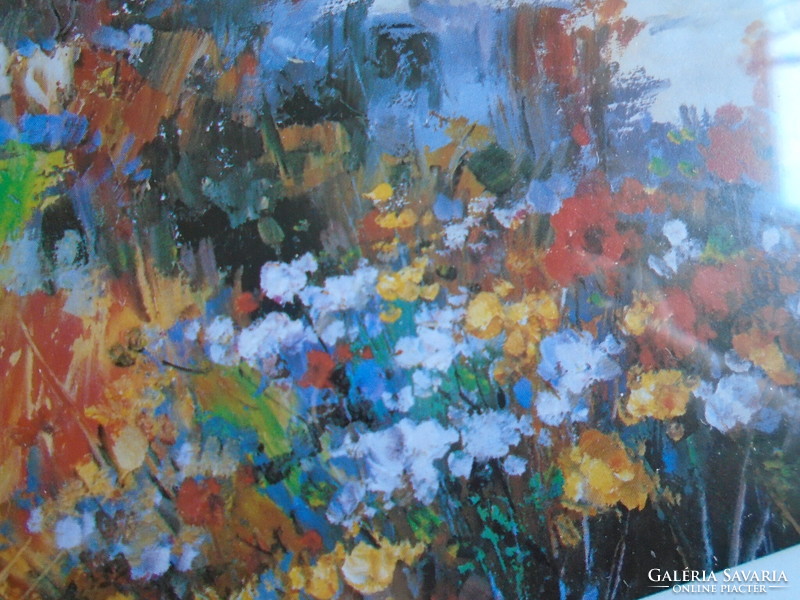 Tengerparti virágos tájat ábrázoló  kép.     31 x 31 cm.
