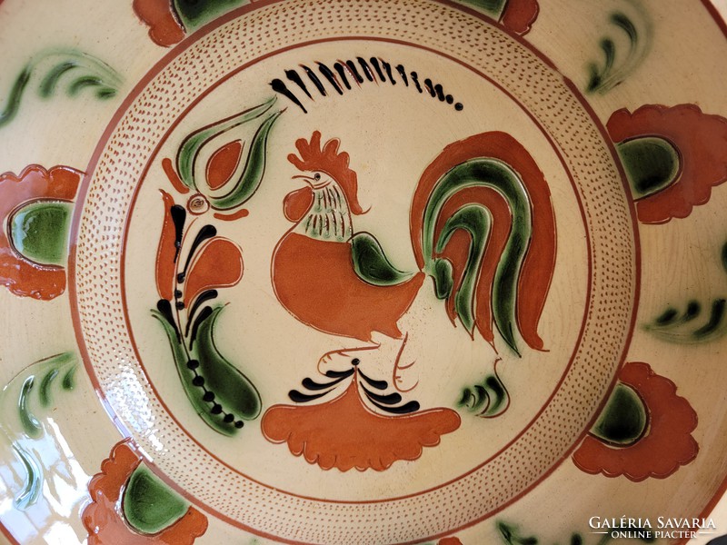 Old large 32 cm glazed folk motif rooster wall plate with rooster pattern wall bowl, wall decoration