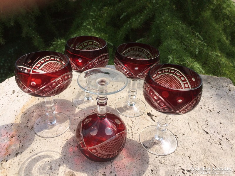 5 old burgundy crystal glasses