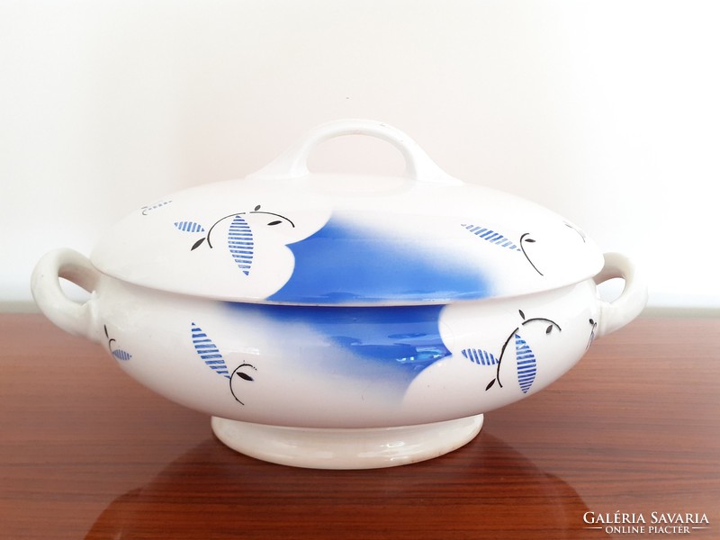 Old granite large soup bowl with blue and white pattern, vintage serving bowl with lid