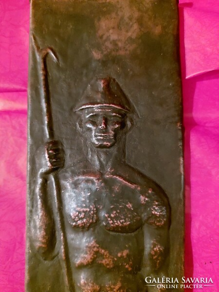 With Kónya mark: copper relief, fisherman in a boat, with a harpoon and his catch, 1966