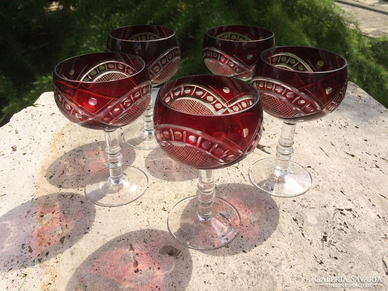 5 old burgundy crystal glasses