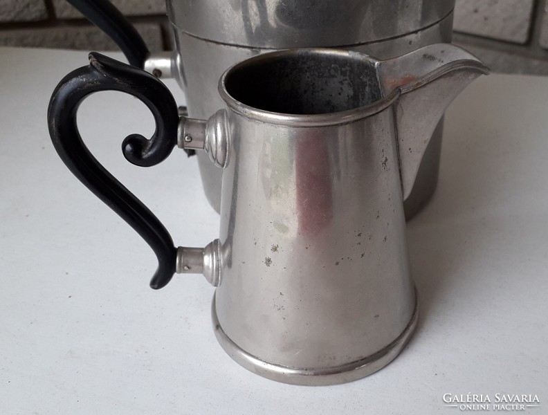 Old metal teapot pouring wooden ear vintage jug 2 pcs