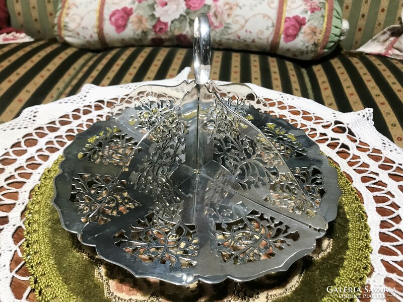 Very rare, 4-compartment, thick silver-plated, old, mint, openwork serving bowl, really beautiful