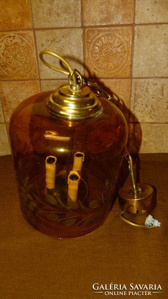 Copper - amber colored thick polished glass lamp with 3 candles