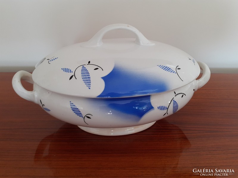 Old granite large soup bowl with blue and white pattern, vintage serving bowl with lid