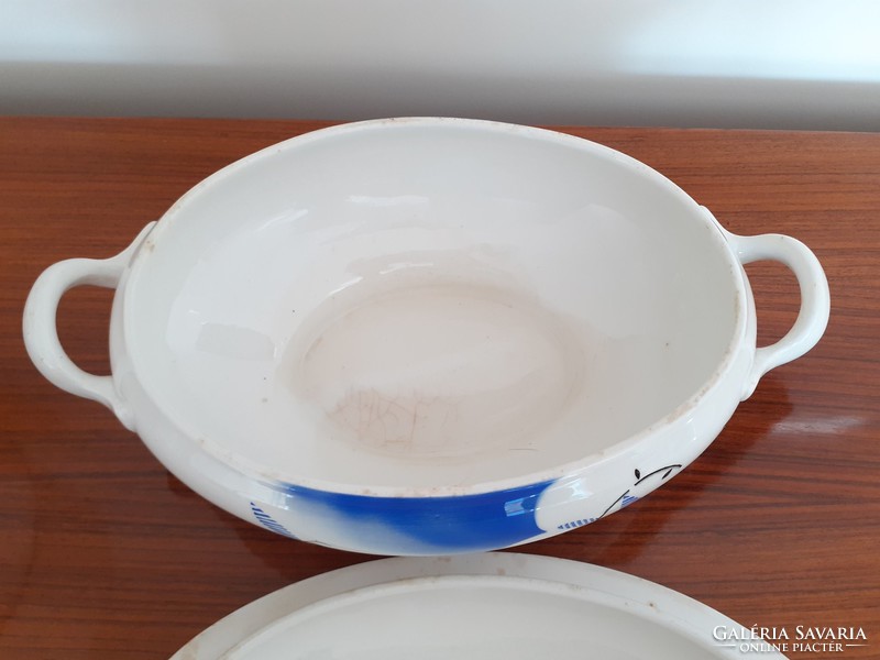 Old granite large soup bowl with blue and white pattern, vintage serving bowl with lid