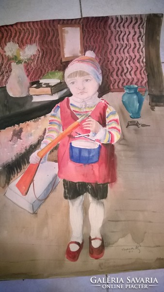 Megfizethető művészet-Vajszada (1901-1977) Puskás kisfiú akv.,p.jjl.,jjl.88x60 cm