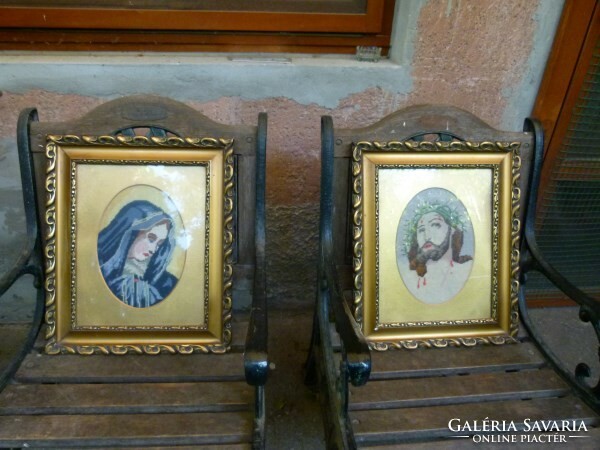 Antik gobelin Szűz Mária - Jézus szép keretben, üvegezve
