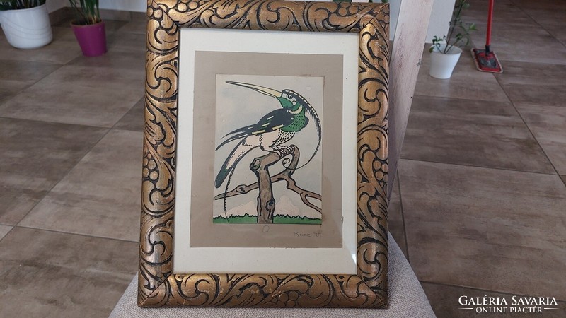 (K) bird painting with frame 32x40 cm, signed