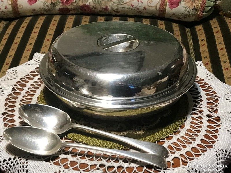 Rarity! Marked, antique, large-sized, divided, silver-plated alpaca, serving bowl with lid, serving spoon