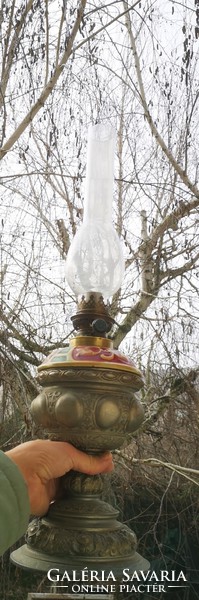 Kerosene lamp. Majolika insert, table lamp, Art Nouveau