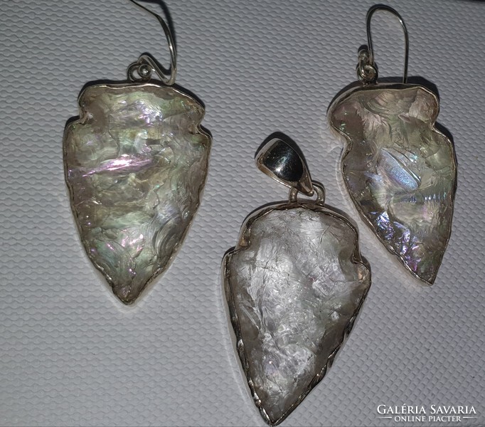 Angel aura gemstone arrowhead sterling silver /925/ ear pendant set -new
