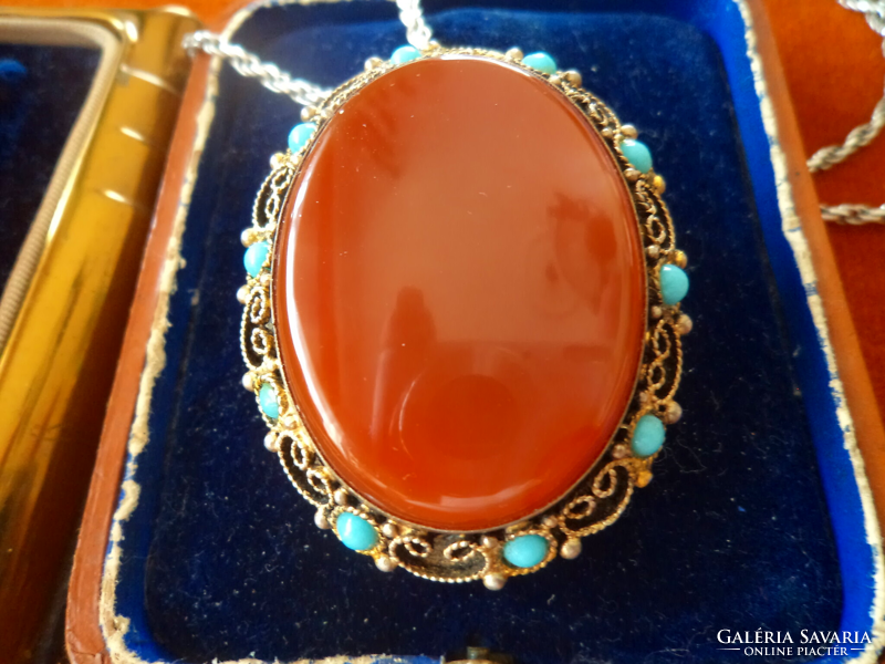 ​Israeli handmade silver pendant/brooch huge carnelian ? With stone and turquoise