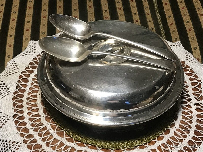 Rarity! Marked, antique, large-sized, divided, silver-plated alpaca, serving bowl with lid, serving spoon