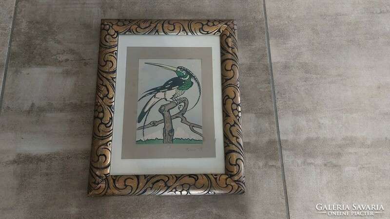 (K) bird painting with frame 32x40 cm, signed