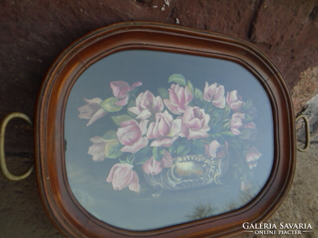 Large antique walnut heavy art nouveau tray with oil painting in the middle