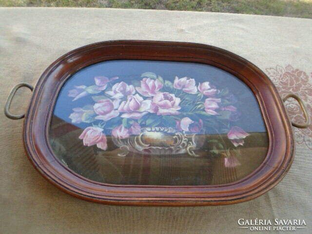 Large antique walnut heavy art nouveau tray with oil painting in the middle