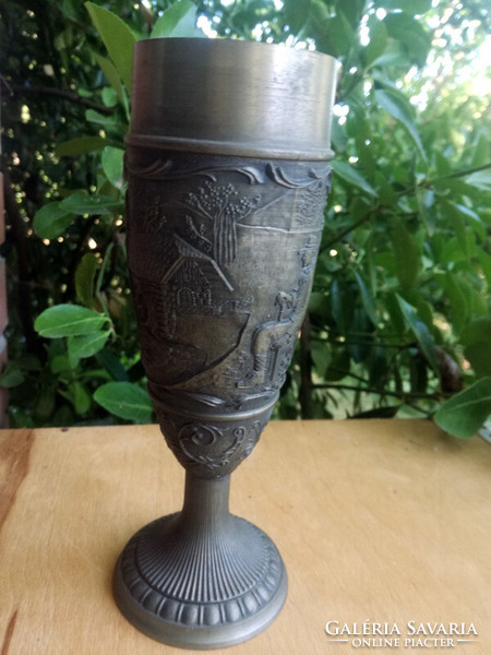 Vintage German pewter protruding viable and inscribed cup goblet -18 cm