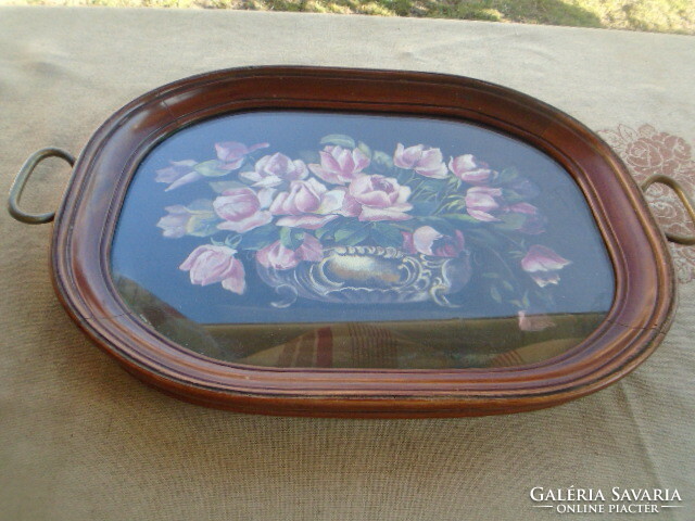 Large antique walnut heavy art nouveau tray with oil painting in the middle