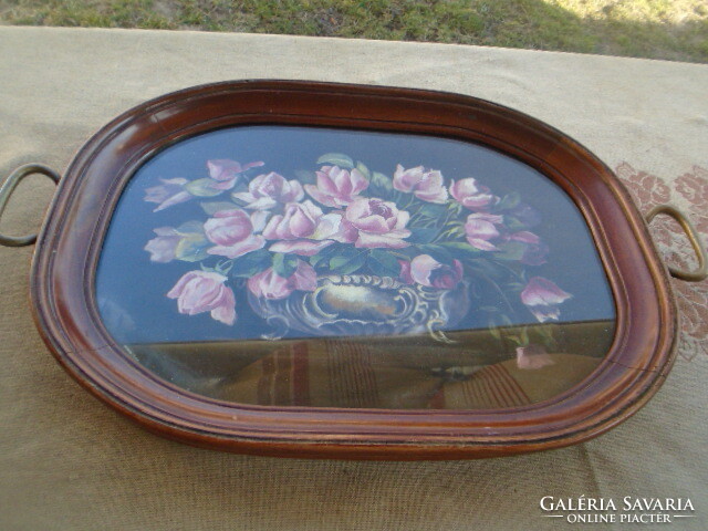 Large antique walnut heavy art nouveau tray with oil painting in the middle