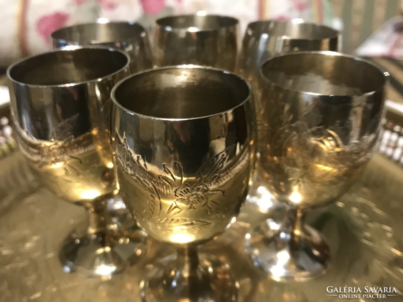 Set of antique, silver-plated, stemmed glasses, 6 brandy or liqueur goblets, matching tray