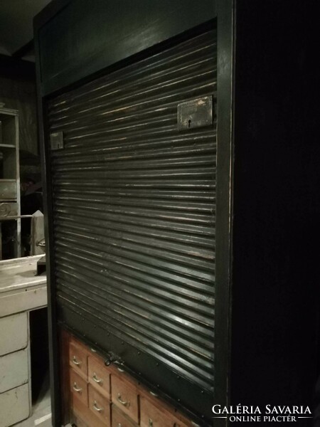 Multi-drawer hardwood filing cabinet, 1920s, 30s, shuttered cabinet, with metal shutters, 35 drawers