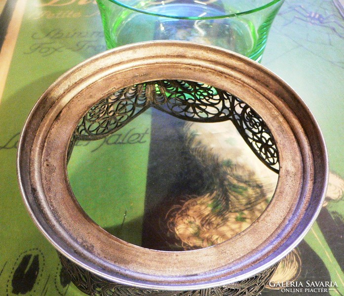 Filigree metal serving with green glass insert