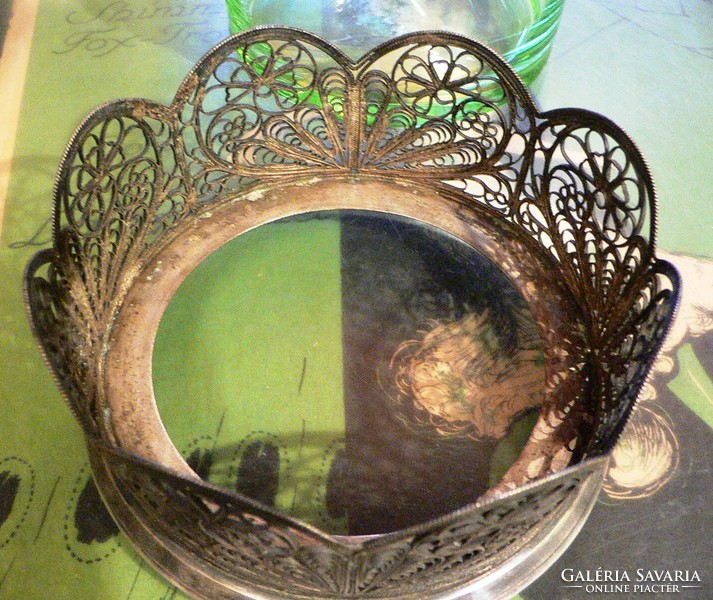 Filigree metal serving with green glass insert