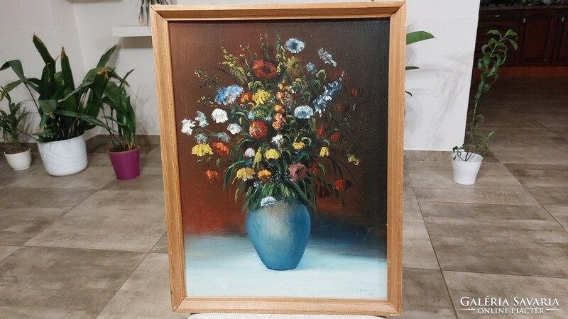 (K) Szignózott virágcsendélet festmény 41x54 cm kerettel