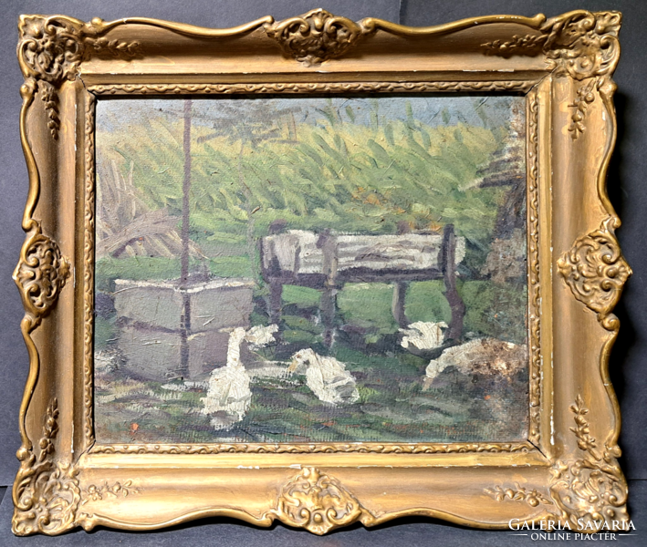 Geese - old oil painting in a beautiful frame - farm yard, village scene