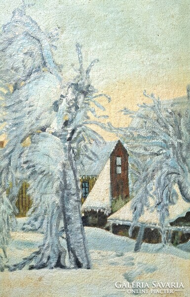 Winter landscape with cottages - cozy oil painting in a nice frame