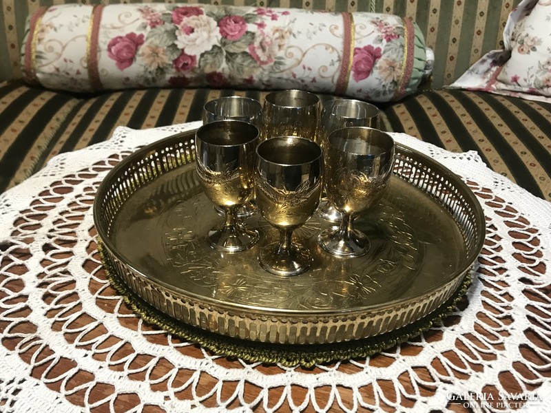 Set of antique, silver-plated, stemmed glasses, 6 brandy or liqueur goblets, matching tray