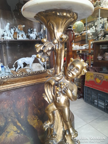 Old decorative baroque putto figural flowerpot, pedestal. 104 Cm.