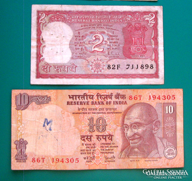INDIA – 2 db-os Bankjegy lot – 2 & 10 Rúpia - vegyes évszám