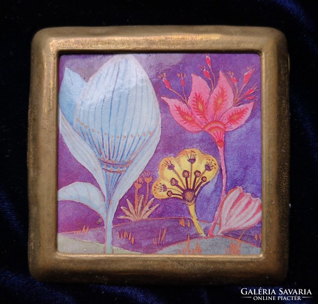 Decorative tile with vintage bronze frame, fairytale pattern